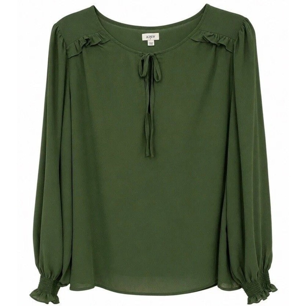 J. Crew Women’s XL Green Ruffle Tie Neck Blouse Balloon Sleeve